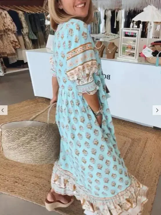 Robe à Col en V avec Imprimé - Manches Lanternes - Taille Haute - Grande Amplitude - VoltÉlan