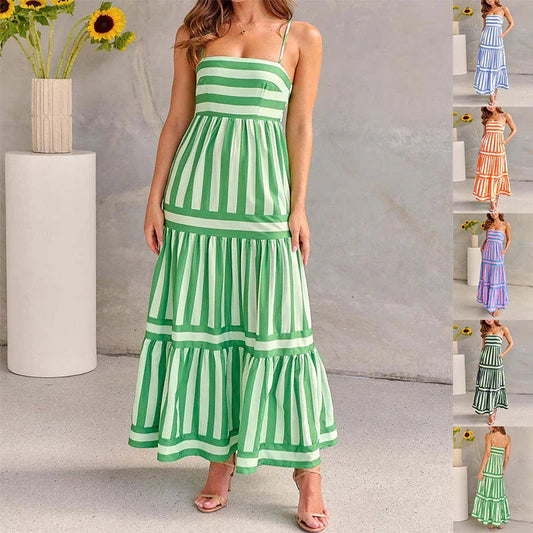 Robe longue rayée à bretelles - Décolleté carré et dos nu - VoltÉlan