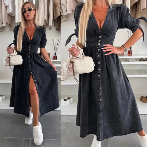 Robe en Jean Sexy à Col en V - Nouvelle Collection - VoltÉlan