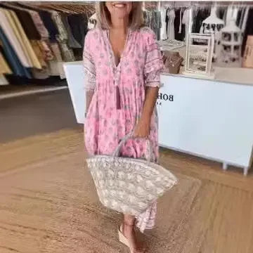 Robe à Col en V avec Imprimé - Manches Lanternes - Taille Haute - Grande Amplitude - VoltÉlan