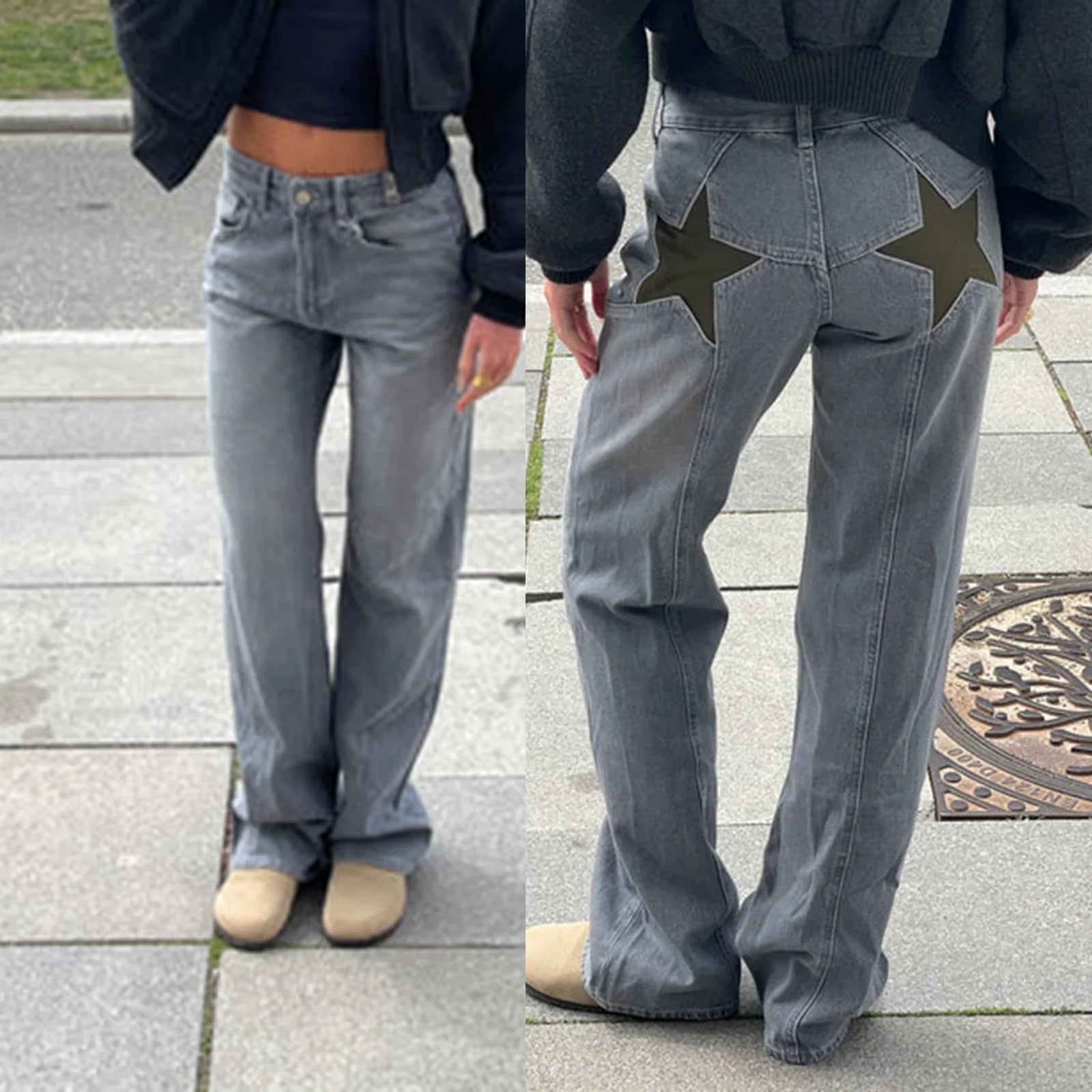 Jean Bootcut Femme - Pantalon en Denim Imprimé Léopard & Étoiles - VoltÉlan