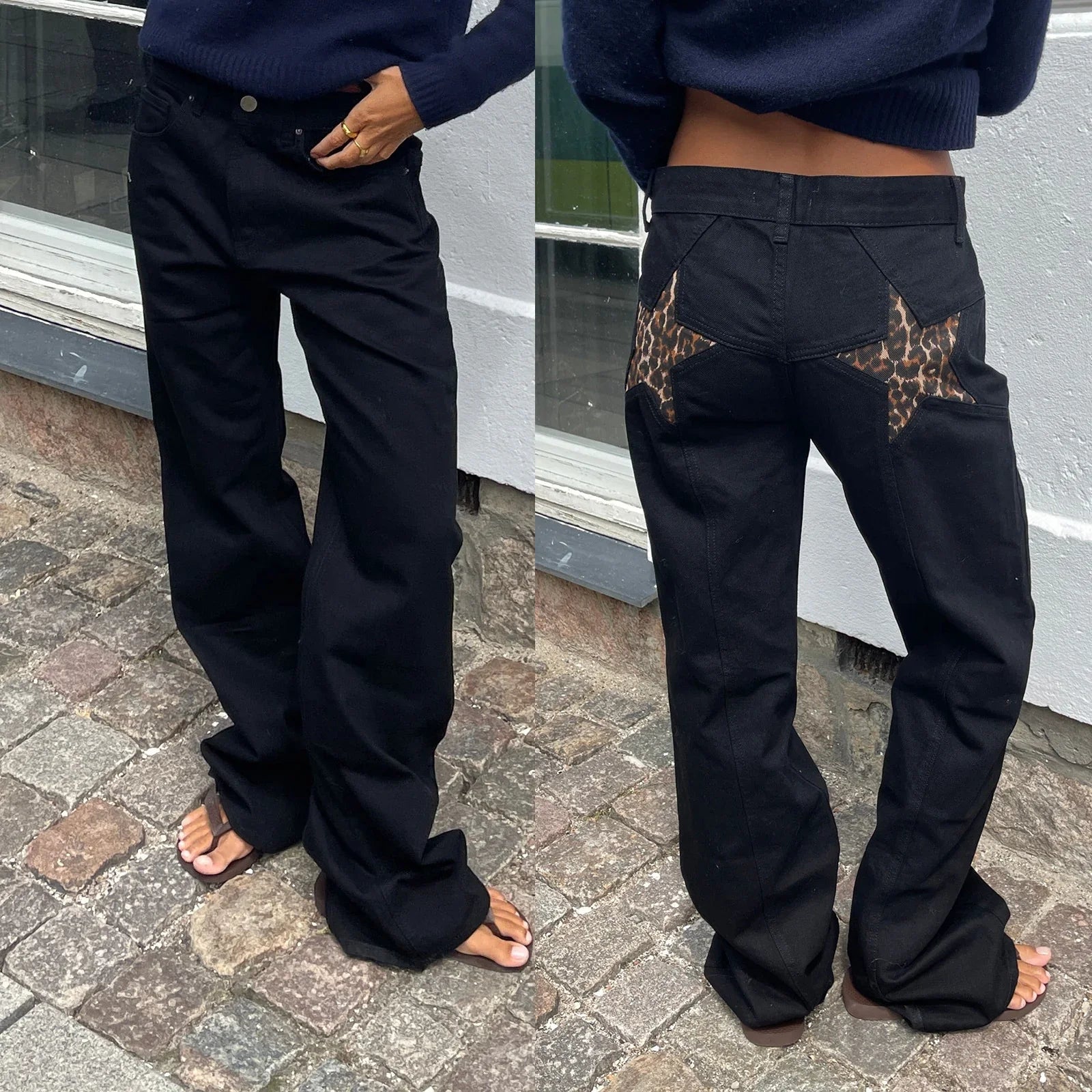 Jean Bootcut Femme - Pantalon en Denim Imprimé Léopard & Étoiles - VoltÉlan