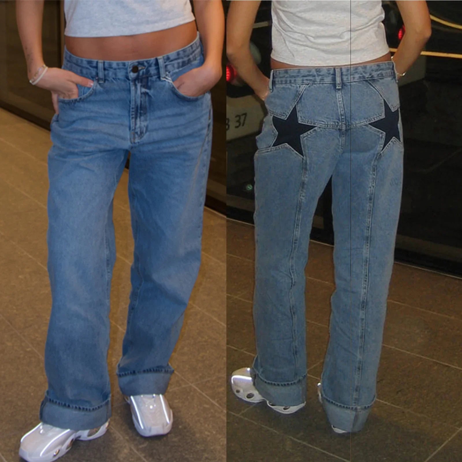 Jean Bootcut Femme - Pantalon en Denim Imprimé Léopard & Étoiles - VoltÉlan