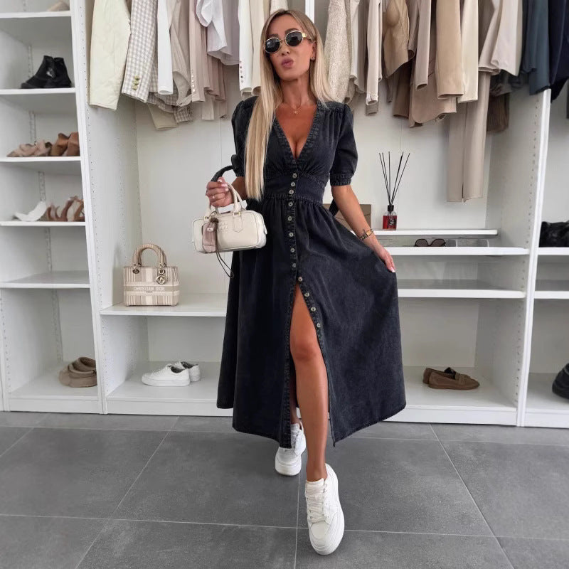 Robe en Jean Sexy à Col en V - Nouvelle Collection - VoltÉlan