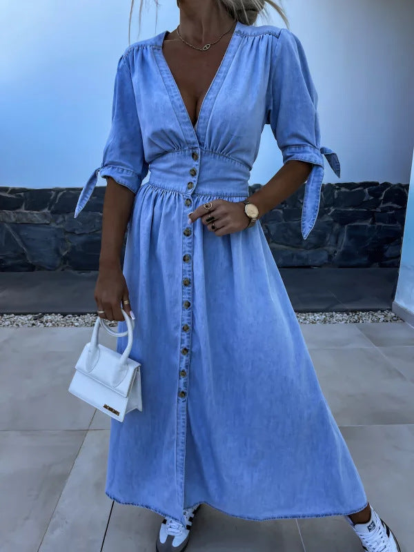 Robe en Jean Sexy à Col en V - Nouvelle Collection - VoltÉlan